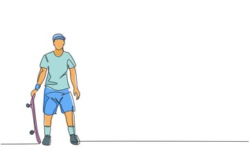 Obraz premium One continuous line drawing of young cool skateboarder man holding skateboard and pose stylish in skatepark. Extreme teenager sport concept. Dynamic single line draw graphic design vector illustration