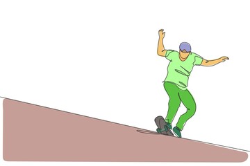 Obraz premium Single continuous line drawing of young cool skateboarder man riding skate and performing slide trick in skate park. Practicing outdoor sport concept. Trendy one line draw design vector illustration