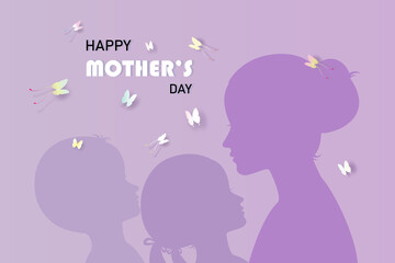 Happy Mother's Day with women, children and butterfly.