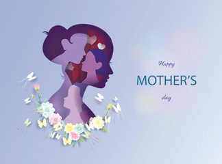 Happy Mother's Day in paper cut, paper art style,  Mother with  children, butterfly and flowers, Anniversary and celebration in Mother's Day, Vector illustration template design in purple background.