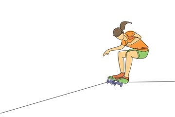 Single continuous line drawing young cool skateboarder woman riding skate and performing trick in skate park. Practicing outdoor sport concept. Trendy one line draw design graphic vector illustration