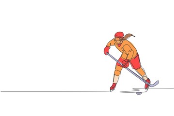 One single line drawing of young ice hockey player in action to play a competitive game on ice rink stadium vector illustration graphic. Sport tournament concept. Modern continuous line draw design