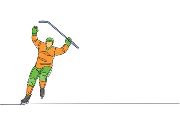 One single line drawing young ice hockey player in action to celebrate a goal at the game on ice rink stadium graphic vector illustration. Sport tournament concept. Modern continuous line draw design