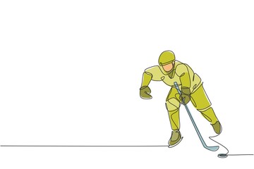 Single continuous line drawing of young professional ice hockey player hit the puck and attack on ice rink arena. Extreme winter sport concept. Trendy one line draw design vector graphic illustration