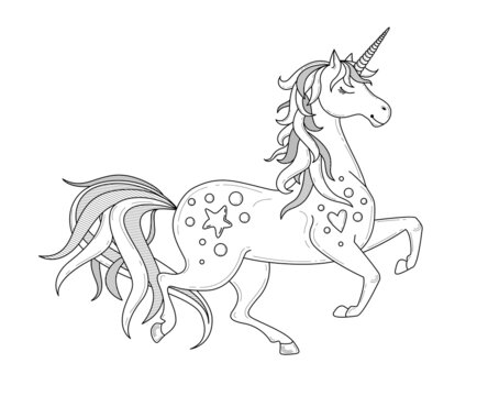 Running Unicorn silhouette. Doodle vector illustration. Coloring book page, icon, emblem or print. Cartoon character.  Outlined image. Black and white