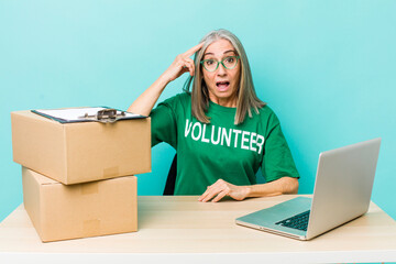 senior gray hair woman looking happy, astonished and surprised. donation volunteer