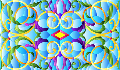 Illustration in stained glass style with abstract flowers, leaves and curls on blue background, horizontal orientation