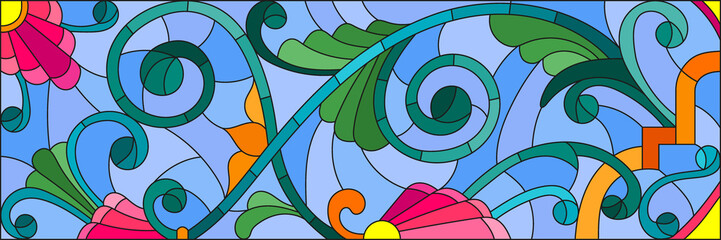 Illustration in stained glass style with abstract  swirls,flowers and leaves  on a blue background,horizontal orientation