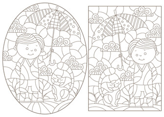 A set of contour illustrations in the style of stained glass with a boy and cat under an umbrella, dark contours on a white background