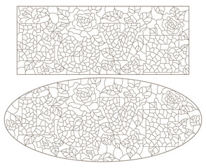 Obraz premium A set of contour illustrations of stained glass windows with the word love and roses, dark contours on a white background