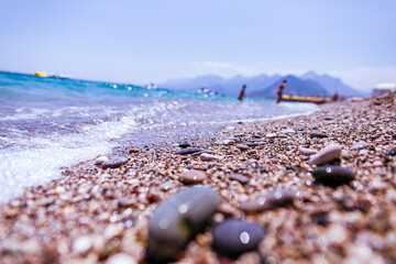 Fototapeta na wymiar Antalya beaches with sand. blue sky and sea 