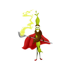Magician pea pod cartoon character tasting potion in spoon isolated funny vegetable wizard in red cape. Vector cute veggies kids children food, bean wizard, magician emoticon kawaii with face
