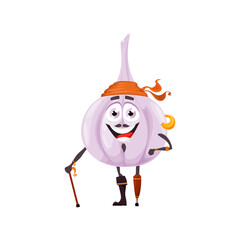 Garlic head pirate veggie on one leg with stick, funny buccaneer in bandana isolated funny cartoon character. Vector playful corsair in bandana, kids children emoji smiling vegetable healthy food