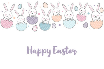 Design of an Easter greeting card with rabbits and decorative eggs. Vector