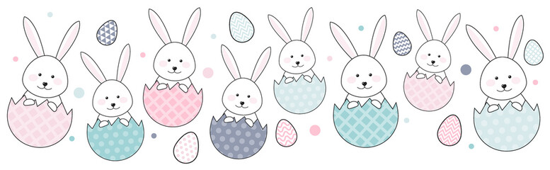 Easter banner with bunnies and colourful eggs. Vector