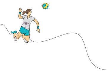 One single line drawing of young female professional volleyball player exercising jumping spike on court vector illustration. Team sport concept. Tournament event. Modern continuous line draw design