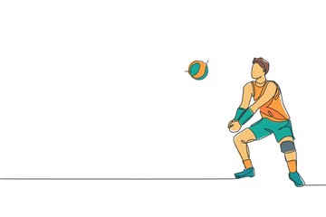 One continuous line drawing of young male professional volleyball player in action on court. Healthy competitive team sport concept. Dynamic single line draw design vector graphic illustration