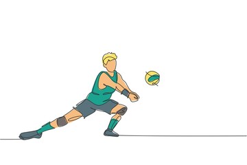 One single line drawing of young male professional volleyball player exercising block the ball on court vector illustration. Team sport concept. Tournament event. Modern continuous line draw design