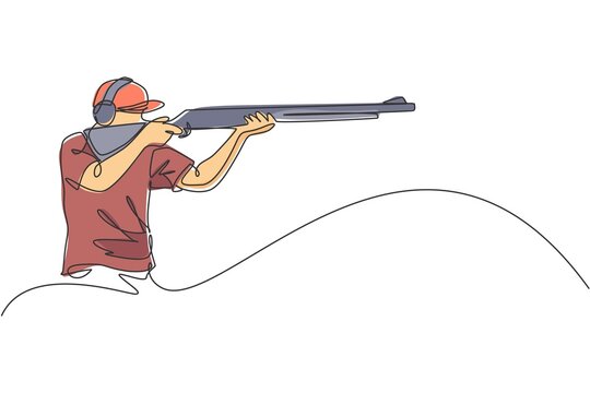 One continuous line drawing young man on shooting training ground practice for competition with rifle gun. Outdoor shooting sport concept. Dynamic single line draw graphic design vector illustration