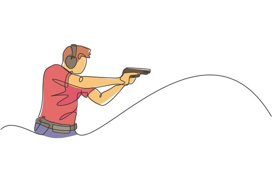 One single line drawing of young man practicing to shot target in range on shooting training ground vector graphic illustration. Clay pigeon shooting sport concept. Modern continuous line draw design