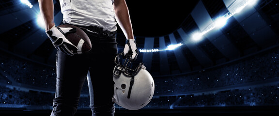 Fototapeta na wymiar Poster with cropped portait of american football player in sports equipment standing against night stadium with spotlights background. Sport, championship, bowl concept