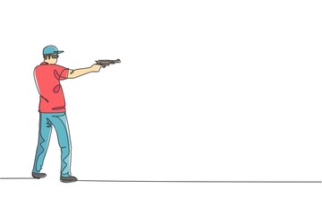 Naklejka premium One single line drawing of young man practicing to shot target in range on shooting training ground vector graphic illustration. Clay pigeon shooting sport concept. Modern continuous line draw design