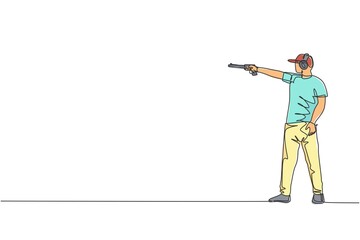 One continuous line drawing of young man on shooting training ground practice for competition with pistol handgun. Outdoor shooting sport concept. Dynamic single line draw design vector illustration © Simple Line