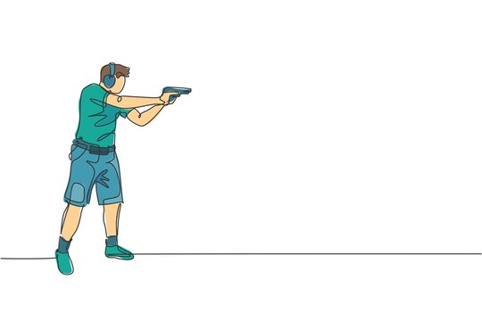 Single continuous line drawing of young athlete man shooter holding gun and training to aim target tactical shooting. Shooting sport training concept. Trendy one line draw design vector illustration