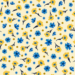 Seamless floral natural abstract  pattern, white background. Millefleurs style.  Blue yellow. Flowers and leaves. Botanical. Hand drawn.