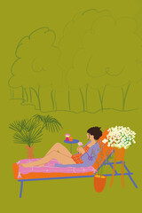 Young woman lying on sunbed sunbathing and enjoying nature at garden with flowers and trees on background. Vector illustration