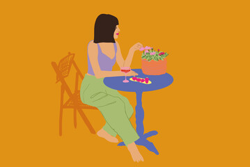 Stylish woman sitting on wooden chair by the round table with flowers, and enjoy some snacks. Vector illustration isolated on backround