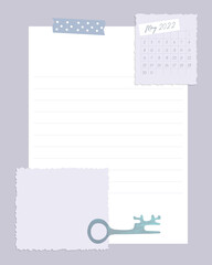 Reminders Template witch Calendar May 2022 To do list, scrapbooking, ideas, notes, plans, vintage. Vector illustration