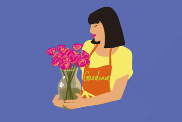 Portrait of a beautiful woman with bouquet of flowers isolated on background. Beauty and floristry concept. Vector illustration