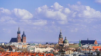 Air Panorama of Old Krakow with Basilica of St. Mary and Town Hall Tower on the Middle Ages Main Market Square of the City Sunny Day, Poland