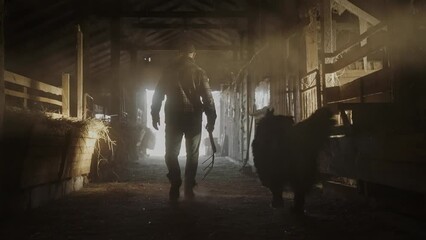 Cinematic shot of male farmer walking through the hay barn holding a pitchfork and calling out a dog. Sunlight breaks into the old farm house. An active shot of farmer walking. High quality 4k footage