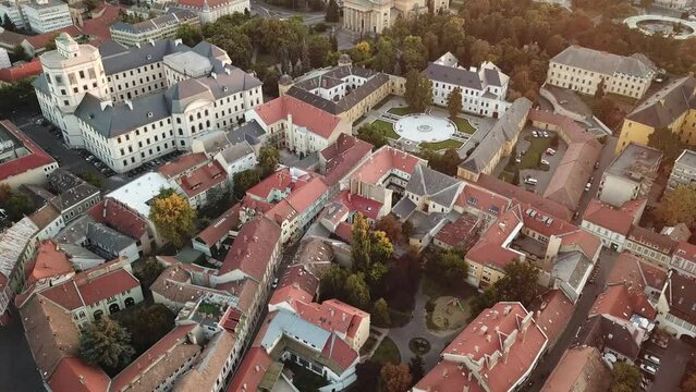 Cinematic 4K aerial drone footage of the Astronomical Museum in the city of Eger, major tourist destination in Northern Hungary, capital of Heves county