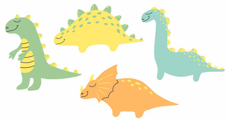 Dinosaur set. Hand drawn dino set. Children's collection of dinosaurs. Vector illustration.