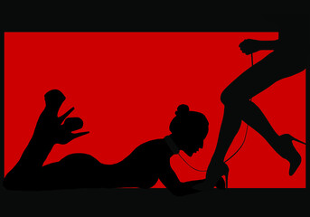 black silhouette of two seductive women on a red background - obrazy, fototapety, plakaty