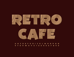 Obraz premium Vector wooden logo Retro Cafe. Tree textured Font. Creative Alphabet Letters and Numbers.
