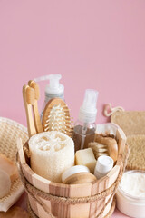 Sauna bucket with organic natural cosmetics and reusable accessories for skin and hair care