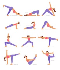 Big collection of yoga asanas, poses. Woman practicing yoga. Flat vector illustration, isolated characters. Workout girl set