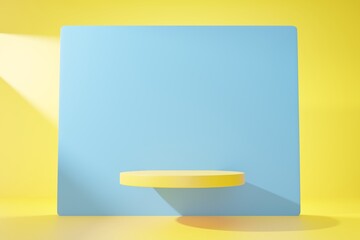 Yellow podium on blue abstract background.