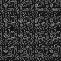 Seamless vector pattern with education icons. Doodle vector with education and school icons on black background. Vintage education pattern