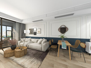 3D rendering, spacious living room design of modern residence, with sofa, tea table, decorative painting, etc