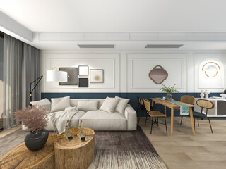 3D rendering, spacious living room design of modern residence, with sofa, tea table, decorative painting, etc