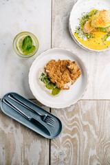 Crispy chicken with tofu sauce and pickled cucumbers