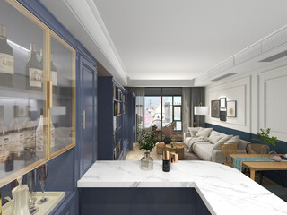 Fototapeta na wymiar 3D rendering,Spacious modern luxurious kitchen with bar design.