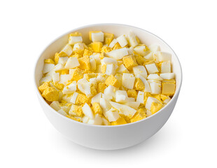 Boiled eggs diced in a bowl isolated on a white background.