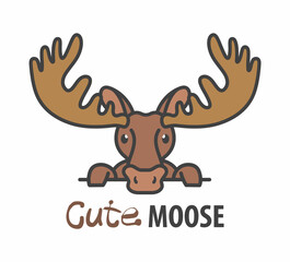 Logo template with cute curious moose. Vector logo design elk template for zoo, veterinary clinics, etc. Cartoon animal logo illustration.