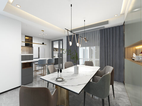 3D rendering,Spacious modern luxurious kitchen with bar design.